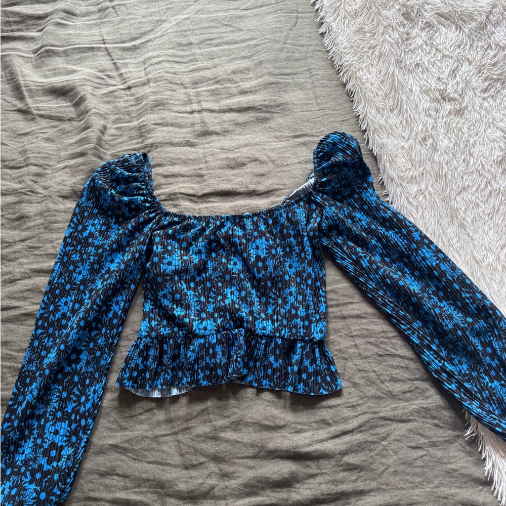 Zara Blue Floral Long -Sleeve Peplum Crop Top
